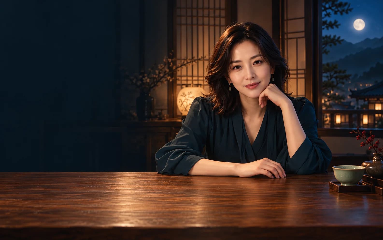 달이 뜬 한옥 다실에서 마주 앉아 기다리는 가상 안내자 소담